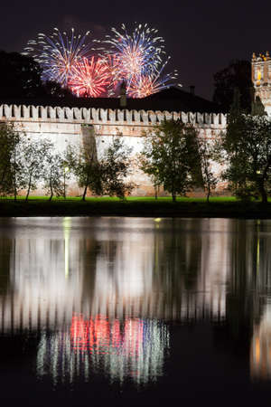 Beautiful view of Novodevichy Convent at night, Moscow, Russiaの写真素材