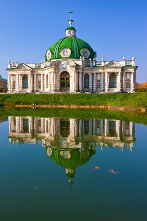 Grotto pavilion with beautiful reflection in park Kuskovo, Moscow, Russiaの写真素材