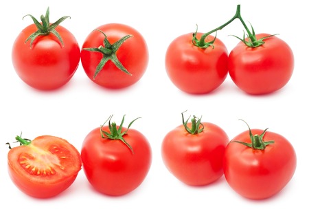 Collection of red tasty tomatoes isolated on white backgroundの写真素材