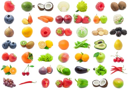 Collection of various fruits and vegetables isolated on white backgroundの写真素材