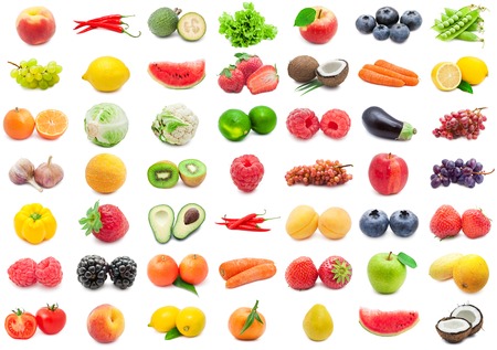 Collection of various fruits and vegetables isolated on white backgroundの写真素材
