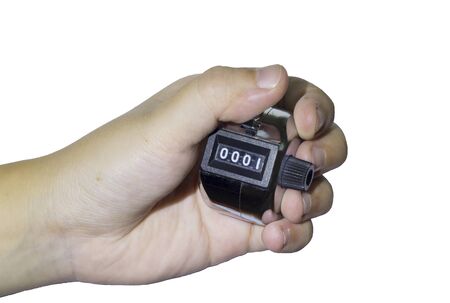 Hand man hold tally counter isolated white backgroundの写真素材