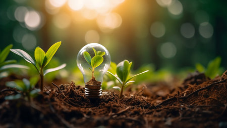 Growing plant in edison light bulb concept background, Environmental protection, renewable, sustainable energy sources. green energy background generative aiの素材