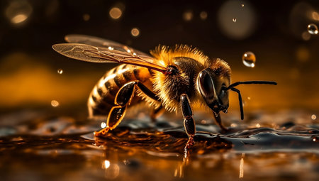 Honey bee on water background, closeup shot of honey bee sitting on water and honey generative aiの素材