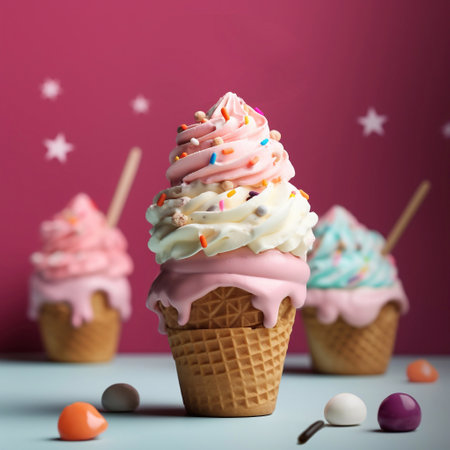 Vibrant Whipped Ice Cream Cone: Strawberry Swirl Generative AIの素材
