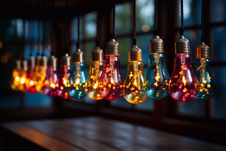 Vintage tungsten filament multiple lamps of different size and style hanging from the ceiling on a black wires as an interior design concept. Energy and design concept Generative AIの素材