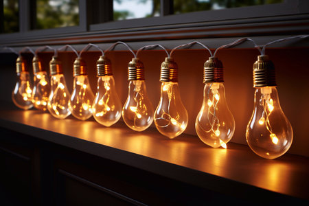 A image of Vintage tungsten filament multiple lamps of different size and style hanging from the ceiling on a black wires as an interior design concept. Energy and design concept Generative AIの素材