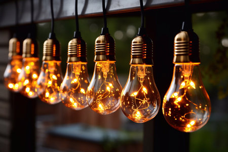 Vintage tungsten filament multiple lamps of different size and style hanging from the ceiling on black wires as an interior design concept. Energy and design concept Generative AIの素材