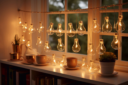 Vintage tungsten filament multiple lamps of different size and style hanging from the ceiling on a black wires as an interior design Generative AIの素材