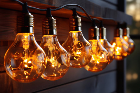 A photo of Vintage tungsten filament multiple lamps of different size and style hanging from the ceiling on a black wires as an interior design concept Generative AIの素材