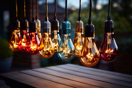 Vintage tungsten filament multiple lamps of different size and style hanging from the ceiling on a black wires as an interior design concept Generative AIの素材