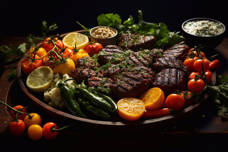 Dining Delight Chicken Leg Vegetables Yogurt on Plate a Tasty Dinner dark background Generative AIの素材