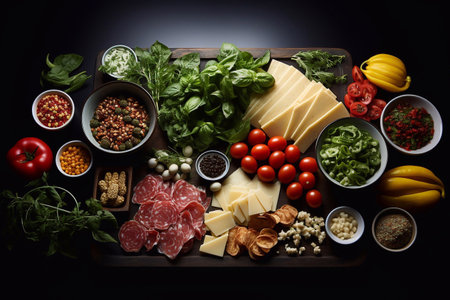 Tantalizing Dinner Display Beef Chicken Onion Tomato Oil with Fresh Green Leaf Generative AIの素材
