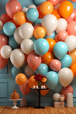Wholesome Celebration Setup Balloon, Gifts, and Gift Box Mockup for a Heartwarming Event Generative AIの素材