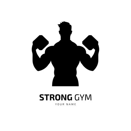 strong gym logo with hand holding dumbbell and back side imageのイラスト素材