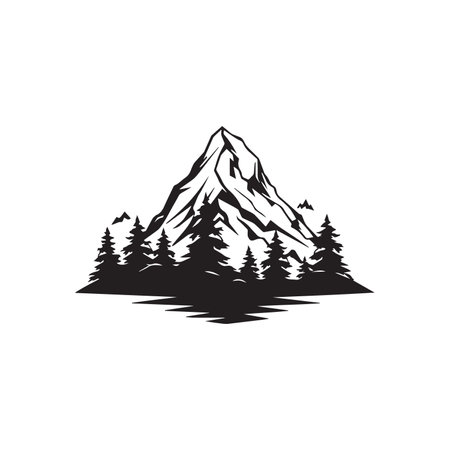 Mountain with pine trees and landscape black on white backgroundのイラスト素材