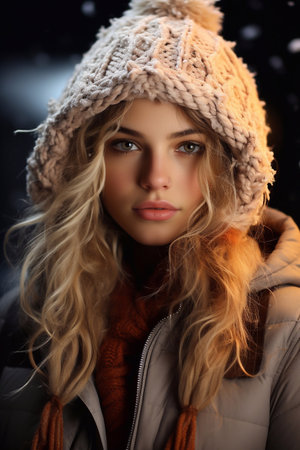 Snowy Chic Captivating Picture of a Girl with White Golden Hair Blue Eye Wearing Winter Clothes and Cap Generative Aiの素材