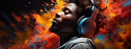 Immersed in Sound Captivating Image of a Man with Headphones Generative Aiの素材