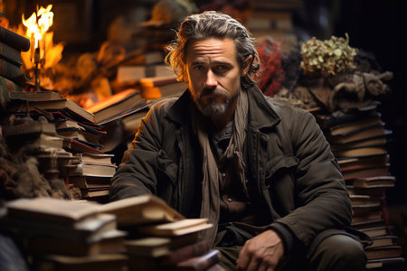 Reading Amidst Books Captivating Image of a Man in Library, Generative Aiの素材