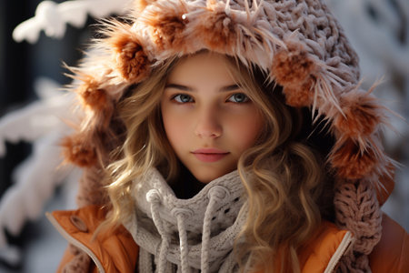 Snowflake Princess Picture of a Girl with White Golden Hair Blue Eye Adorned in Winter Clothes and Cap Generative Aiの素材