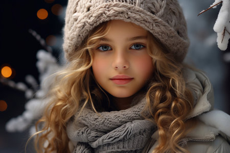 Golden Haired Winter Charm Picture of a Girl in Seasonal Clothes Cap White Golden Hair and Blue Eye Generative Aiの素材