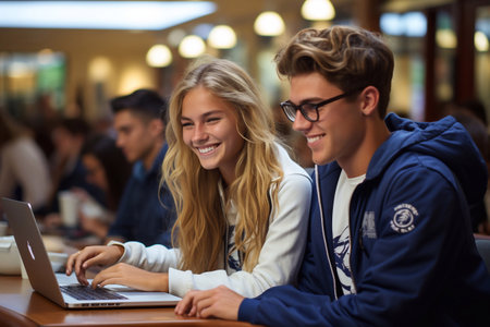 Educational Teamwork Female Student with Laptop in School or College Group of Friends Generative Aiの素材