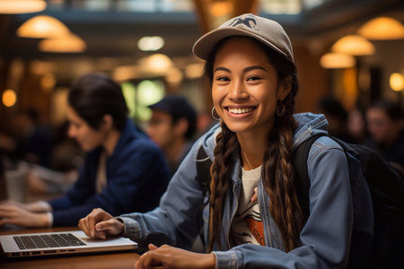 Classmates in Action Female Student Using Laptop in School or College Generative Aiの素材