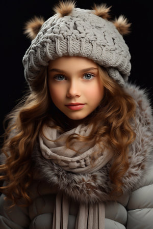 Chic and Cozy Image of a Girl with White Golden Hair Blue Eye in Winter Clothes and Cap Generative Aiの素材