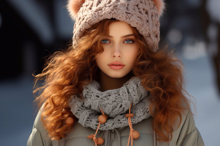 Elegant Cold Weather Ensemble Image of a Girl with White Golden Hair Blue Eye in Winter Clothes and Cap Generative Aiの素材