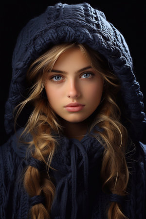 Cozy and Stylish Captivating Image of a Girl with White Golden Hair Blue Eye in Winter Attire and Cap Generative Aiの素材