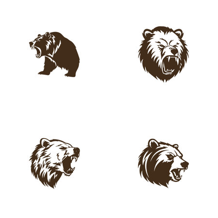 Graphical set of bears on black, grizzly bear and panda vector elements.Design,tattoo and logoのイラスト素材