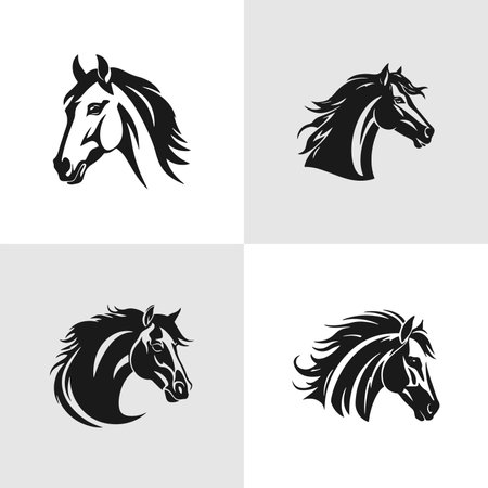 Set of horse head graphic logo templates, vector illustration on white background. Set of black and white stylish horse heads for stable, farm logo designのイラスト素材