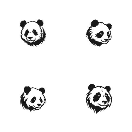 Multipurpose set of panda cute and funny Silhouette icons logo. Black and isolated on white background. Panda logo. Cartoon Character. Vector illustration.のイラスト素材