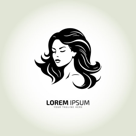 vector of woman face logo icon lady style vector illustration young girl logo design template illustration feminine style. long hair style. isolated black girl.のイラスト素材