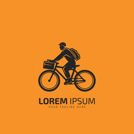 Fast and free delivery by cycle. Courier on bike with parcel box on the back isolated on yellow background. Delivery work vector illustration in flat design.のイラスト素材