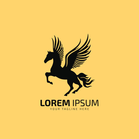 Flying horse logo, flying horse icon, vector design illustration colorful isolated black silhouette horse on yellow background.のイラスト素材