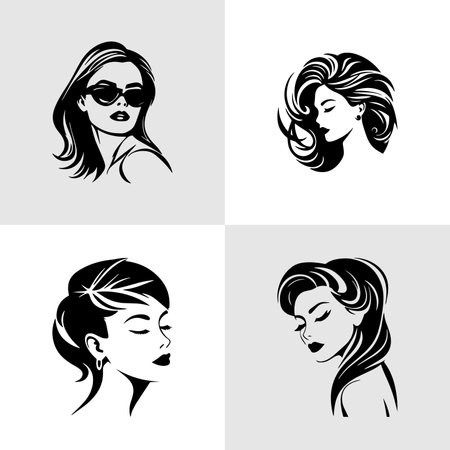 Beautiful collection of profile woman head with different hairstyles vectorのイラスト素材