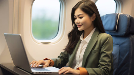 Airborne Efficiency Young Woman Tapping into Laptop on Flight Nurtured by Generative AIの素材