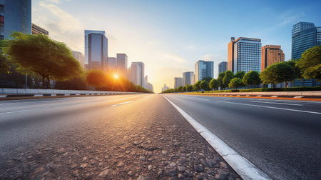Skyscraper Synchrony Asphalt Road Carves Path through Modern City Empowered by Generative AIの素材