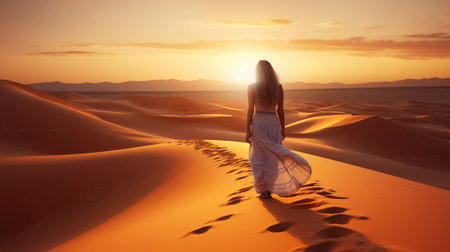 Nomadic Beauty Arabian Woman Roaming Desert Dunes Shaped by Generative AIの素材