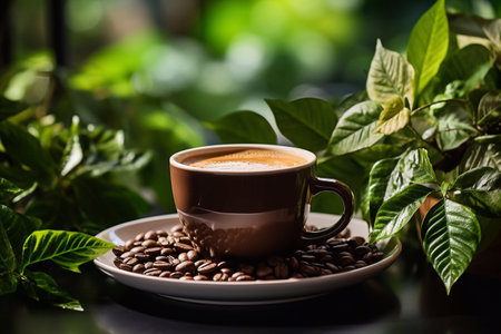 Blossoming Brew Coffee Cup Enhanced with Seeds and Leafs Brought to Life by Generative AIの素材