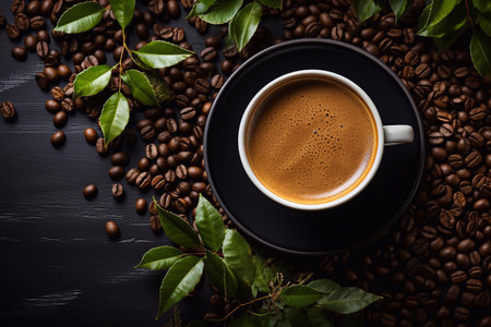 Caffeine Harmony Coffee Cup Adorned with Leaves and Seeds Crafted by Generative AIの素材