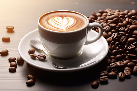 Coffee Elegance Visual of Cup and Seeds Generative AIの素材
