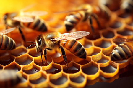 Buzzing Creations Bees Artistry on Honeycomb Guided by Generative AIの素材