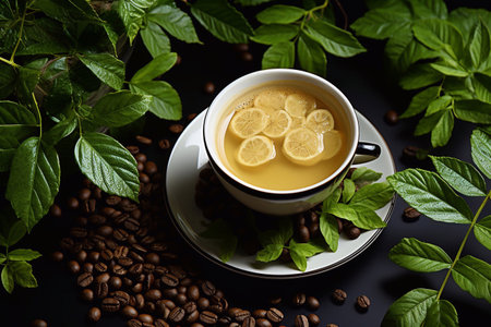 Brewed Elegance Image of Coffee Cup Embellished with Leafs and Seeds Generative AIの素材