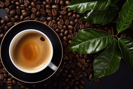 Coffee Alchemy Captivating Cup with Leafy Accents and Seeds Envisioned by Generative AIの素材