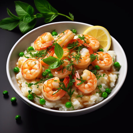 Culinary Elegance Presents Isolated Shrimp Risotto with Peas Generative AIの素材