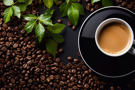 Coffee Canvas Image of Cup Enriched with Leaves and Seeds Guided by Generative AIの素材