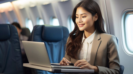 Digital Skies Laptop Ready Young Woman on Plane Guided by Generative AIの素材