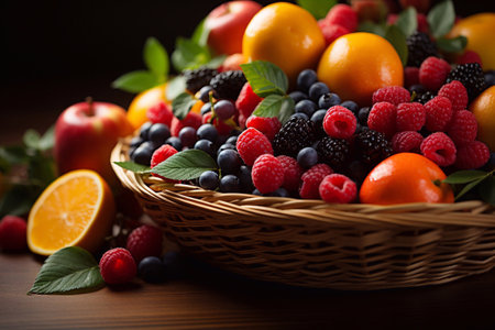 Flavors Unite Closeup Image of Fruits in Basket Conceived by Generative AIの素材